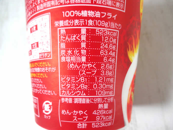 味仙の台湾ラーメンカップ麺の栄養成分表示